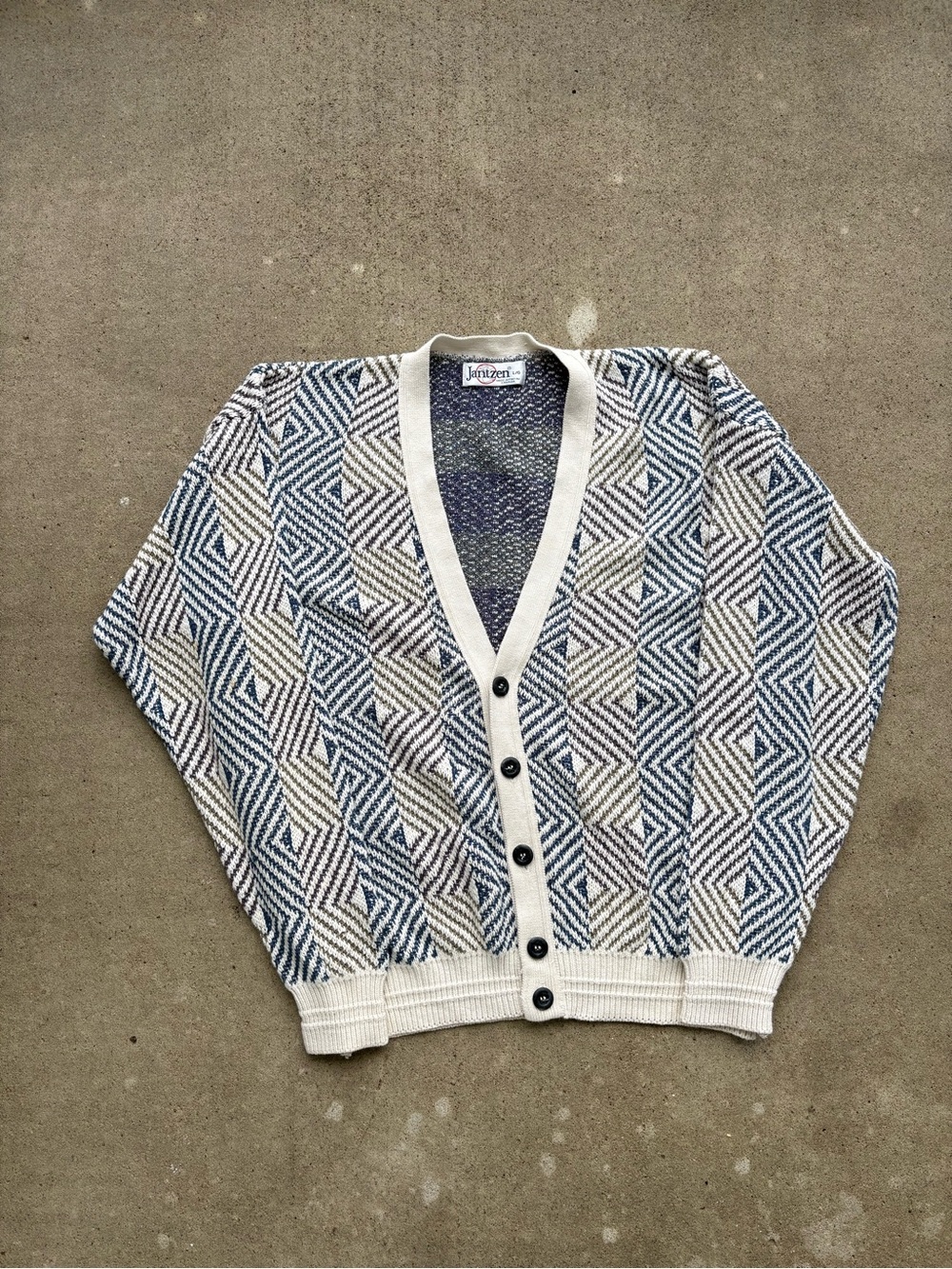 Vintage Jantzen White Geometric Diamond Knit Cardigan Sweater Mens Large 25x27